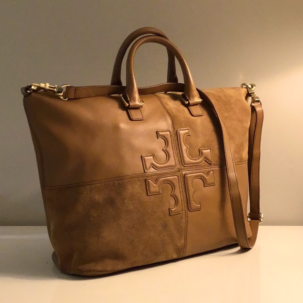 Tory Burch Genuine Lambskin Suede and Leather Handbag w/ Appliqué Insignia